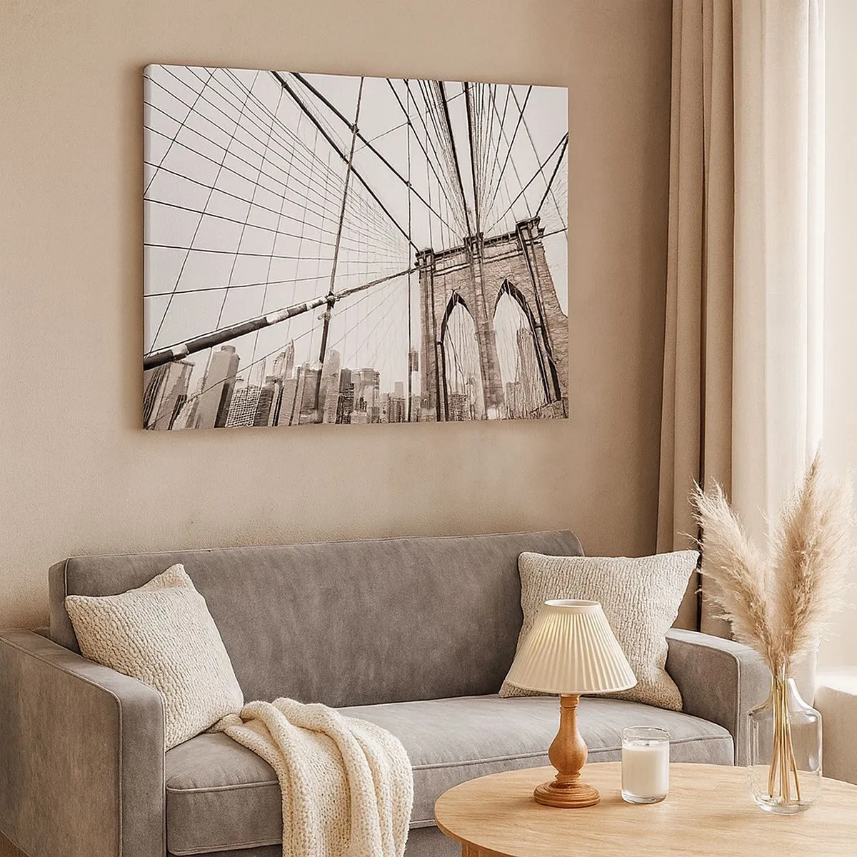 Canvastavla - Bild på duk - Brooklynbron i svartvitt - 70x50cm - Domkyrkan i New York - Modern väggdekoration för vardagsrum och sovrum ARTTOR