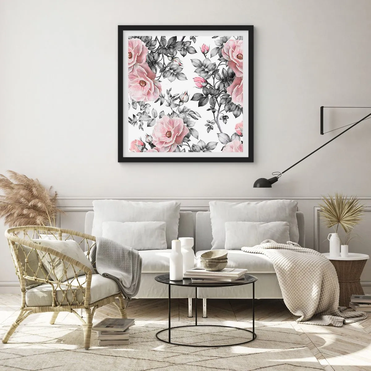 Affisch i svart ram - Tappa sig i rosblommorna - 30x30 cm