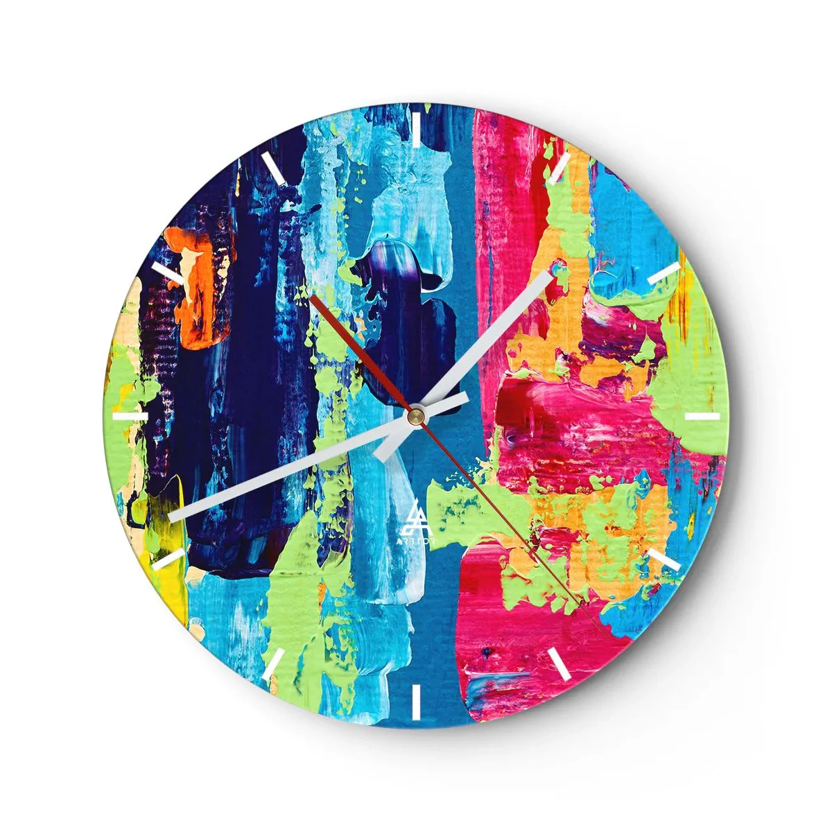 Väggklocka - Klocka på glas - Färgglada abstrakta penseldrag på en rund urtavla - 30x30cm - Livet är skönt! - Modern väggdekoration för vardagsrum, kök och sovrum ARTTOR