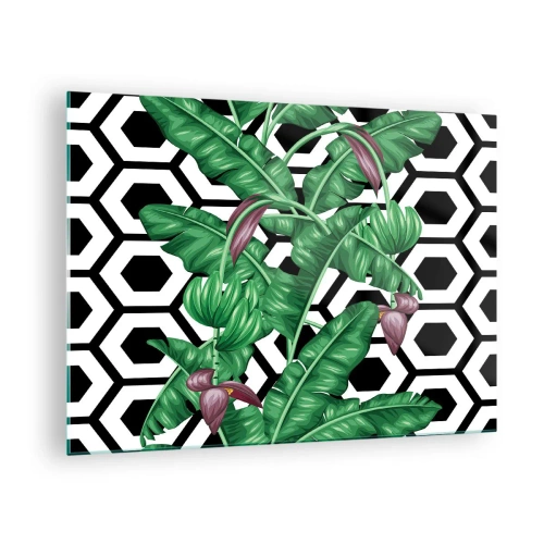 Glastavla - Bild på glas - Tropiska löv och blommor mot en svartvit geometrisk mönsterbakgrund - 70x50cm - Symmetrisk komposition från naturen - Modern väggdekoration för vardagsrum och sovrum ARTTOR