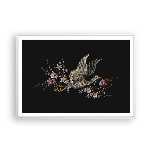 Affisch i vit ram - Exotisk, broderad fågel - 100x70 cm