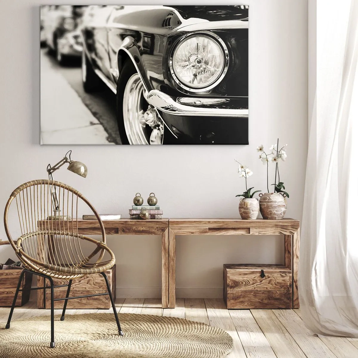 Canvastavla - Bild på duk - En ikonisk klassisk bil i elegant svart och vitt - 70x50cm - Oändlig glans - Modern väggdekoration för vardagsrum och sovrum ARTTOR