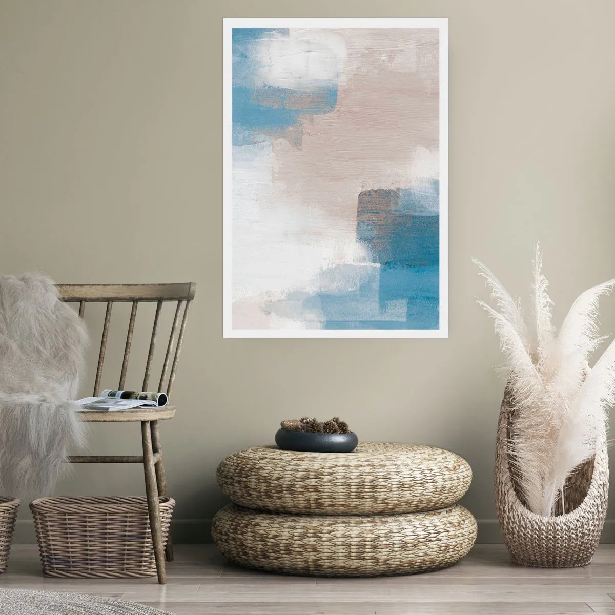 Affisch - Rosa abstraktion bakom en blå slöja - 70x100 cm