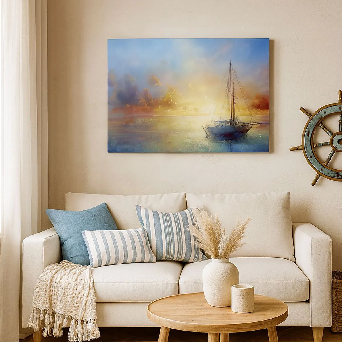 Canvastavla - Bild på duk - En yacht på ett lugnt hav vid solnedgången - 70x50cm - I guldviken - Modern väggdekoration för vardagsrum och sovrum ARTTOR