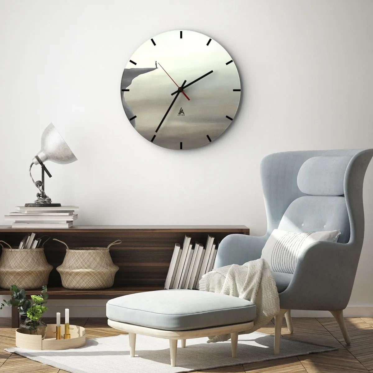 Väggklocka - Klocka på glas - En figur som står på kanten av en klippa i ett minimalistiskt landskap - 30x30cm - Uppåt, naturligtvis! - Modern väggdekoration för vardagsrum, kök och sovrum ARTTOR