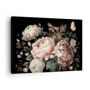 Canvastavla - Bild på duk - En bukett av rosa blommor och fjärilar på svart bakgrund - 70x50cm - I barockstil - Modern väggdekoration för vardagsrum och sovrum ARTTOR