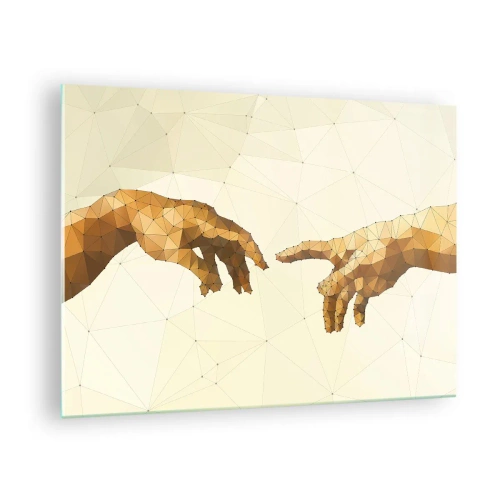 Glastavla - Bild på glas - En stiliserad version av målningen 'Adams skapelse' i polygonteknik - 70x50cm - Gudomlig geometri - Modern väggdekoration för vardagsrum och sovrum ARTTOR