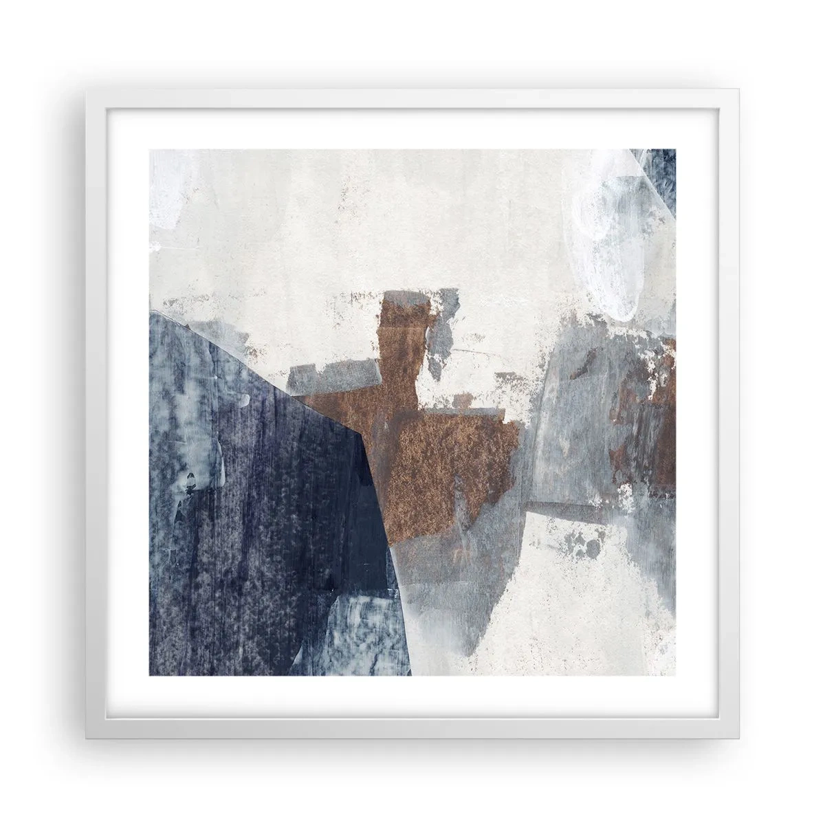 Affisch i vit ram - Blåbruna former - 50x50 cm