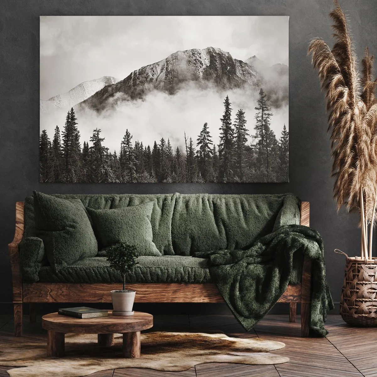 Canvastavla - Bild på duk - En pittoresk bergstopp omgiven av dimma och en sepia-tonad skog - 70x50cm - Granithärskare - Modern väggdekoration för vardagsrum och sovrum ARTTOR