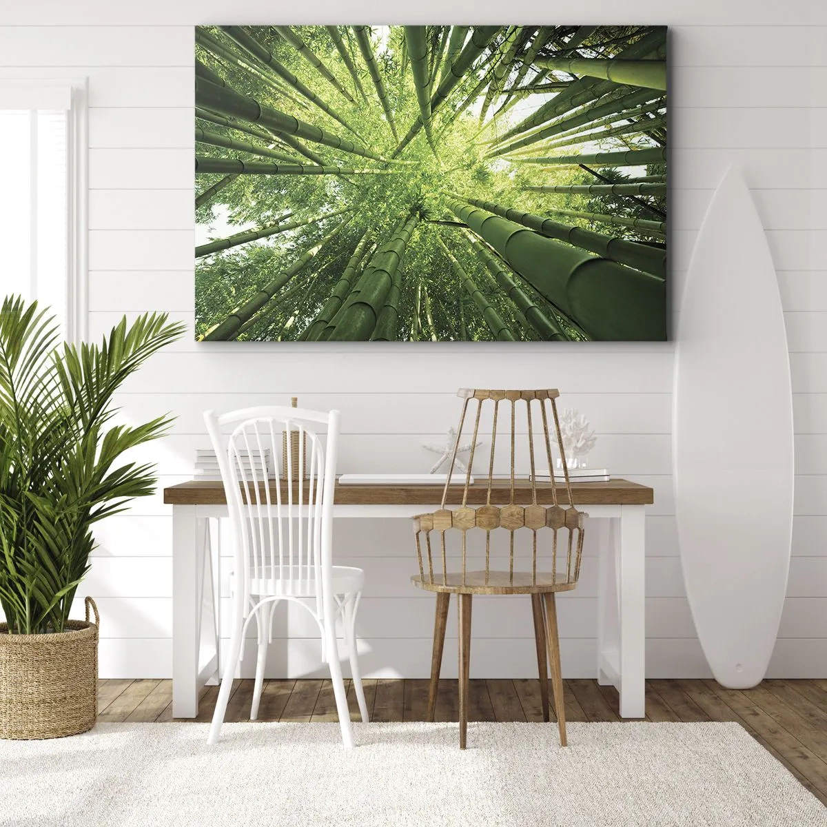 Canvastavla - Bild på duk - Utsikt upp genom en grön bambulund - 70x50cm - I en bambushage - Modern väggdekoration för vardagsrum och sovrum ARTTOR
