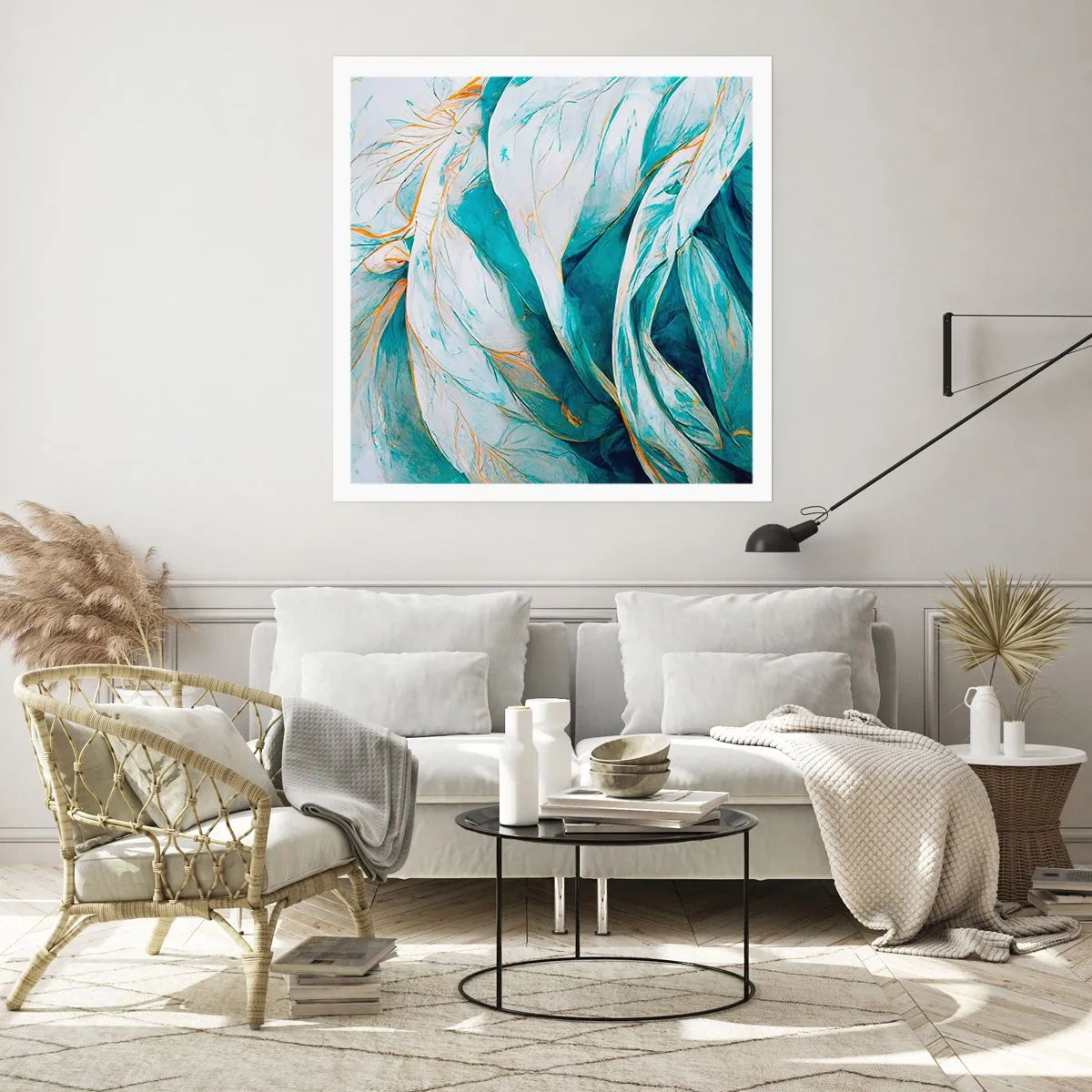 Affisch - Blå abstraktion med guldmotiv - 50x50 cm