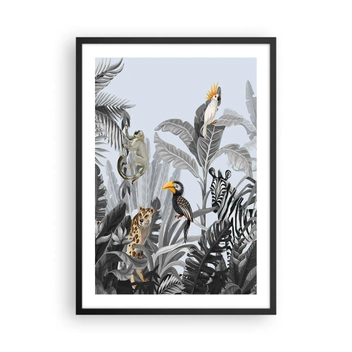 Affisch i svart ram - Färgglada tropiska djur bland djungelbladen - 50x70cm - Afrikansk saga - Modern väggdekoration för vardagsrum och sovrum ARTTOR
