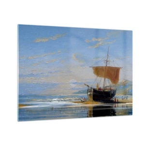 Glastavla - Bild på glas - Ett skepp med segel vid stranden i målerisk stil - 70x50cm - Vatten, jord, luft - Modern väggdekoration för vardagsrum och sovrum ARTTOR