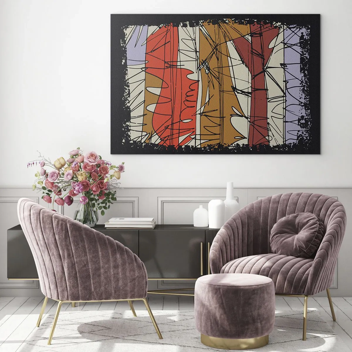 Glastavla - Bild på glas - Grafisk abstraktion med färgade ränder och svarta linjer - 70x50cm - Spontan komposition - Modern väggdekoration för vardagsrum och sovrum ARTTOR