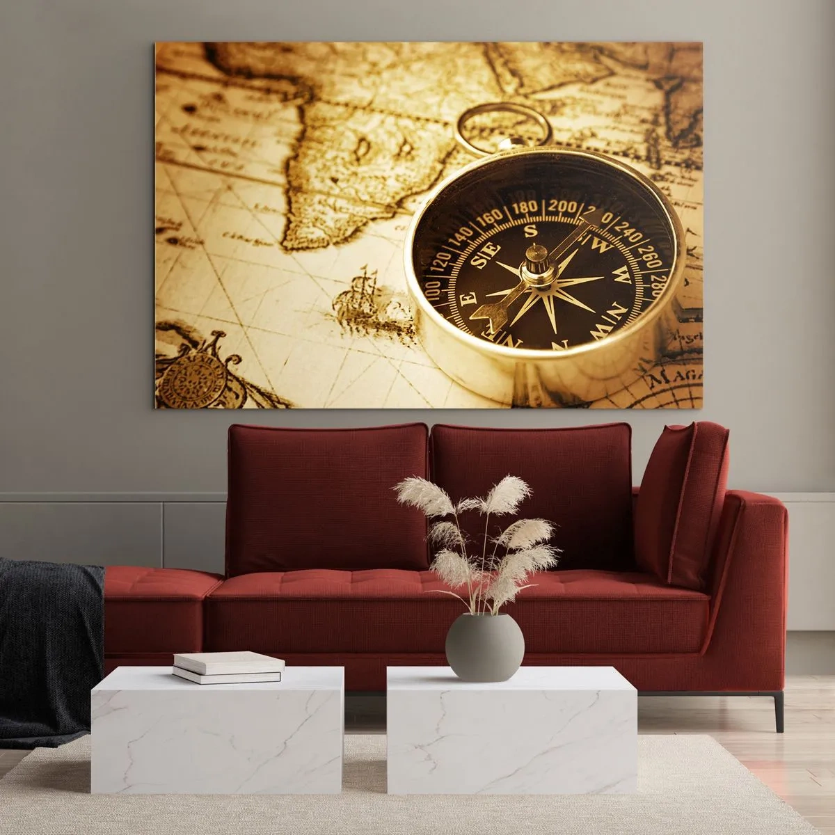 Glastavla - Bild på glas - En gyllene kompass på en gammal kartabakgrund - 70x50cm - Västerut eller österut? - Modern väggdekoration för vardagsrum och sovrum ARTTOR