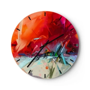 Väggklocka - Klocka på glas - Ett abstrakt spel av intensiva röda nyanser och subtila detaljer - 30x30cm - Ljus- och färgexplosion - Modern väggdekoration för vardagsrum, kök och sovrum ARTTOR