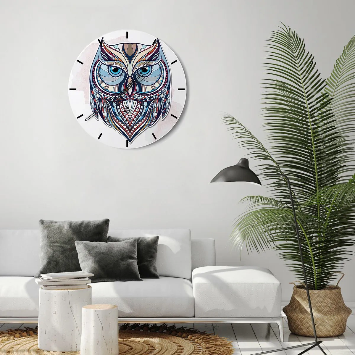 Väggklocka - Klocka på glas - Färgglad uggla i geometrisk stil på en vit bakgrund - 30x30cm - Ornamentuggla - Modern väggdekoration för vardagsrum, kök och sovrum ARTTOR