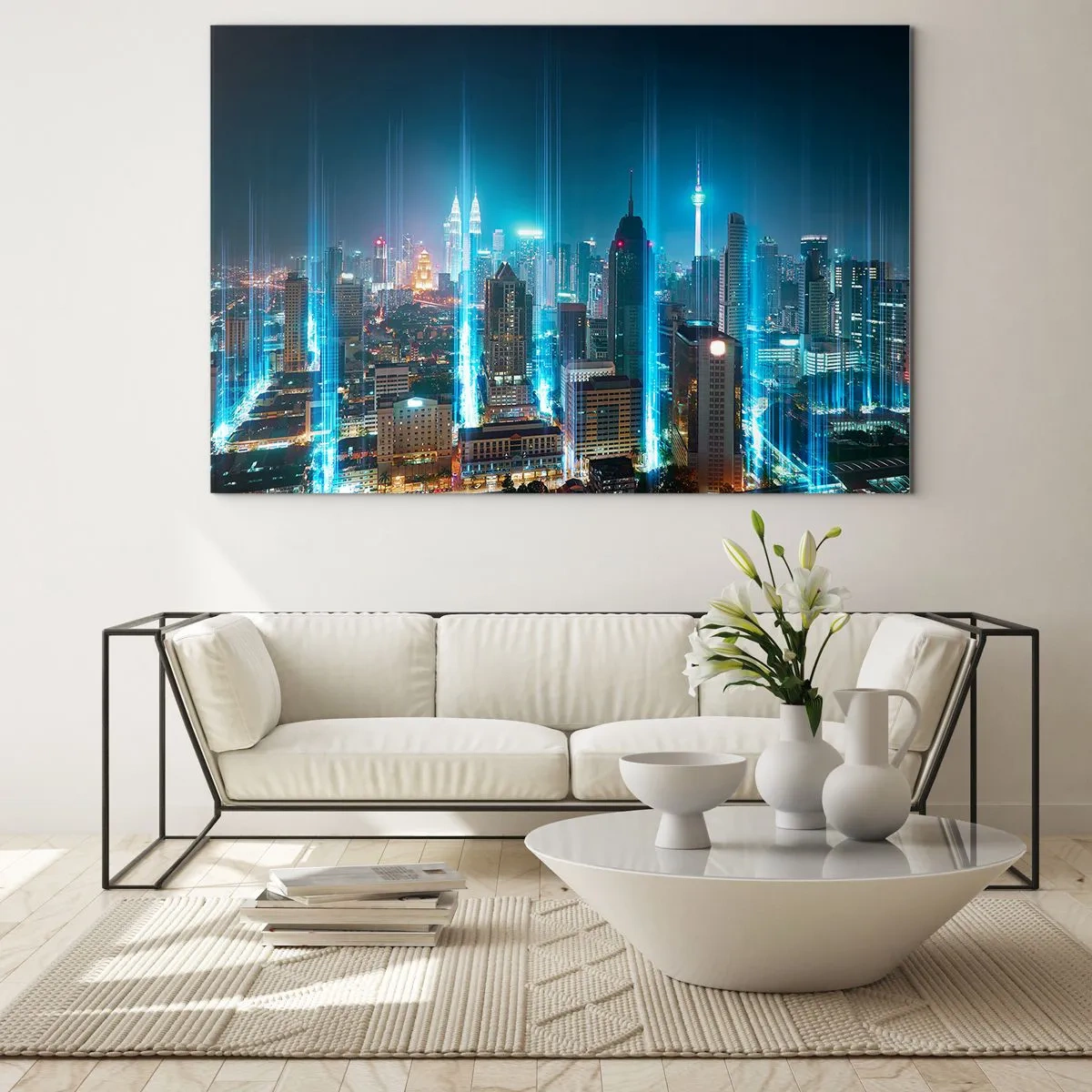 Glastavla - Bild på glas - En nattstad med höga byggnader och ljusa strimmor - 70x50cm - Himmelsfärd på berlinskt sätt - Modern väggdekoration för vardagsrum och sovrum ARTTOR