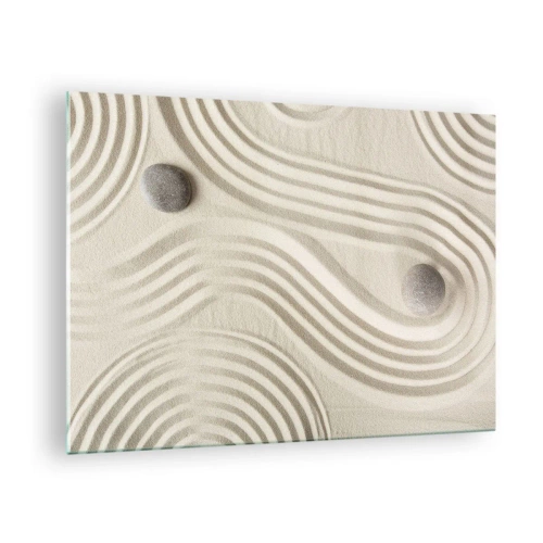 Glastavla - Bild på glas - Minimalistisk sand med stenar och geometriska mönster - 70x50cm - Värmens beröring - Modern väggdekoration för vardagsrum och sovrum ARTTOR