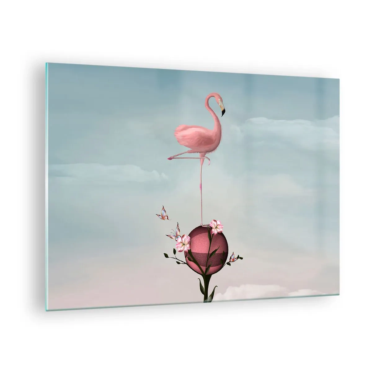 Glastavla - Bild på glas - En rosa flamingo som står på en dekorativ boll med blommor och fjärilar. - 70x50cm - Basketbollens allegori - Modern väggdekoration för vardagsrum och sovrum ARTTOR