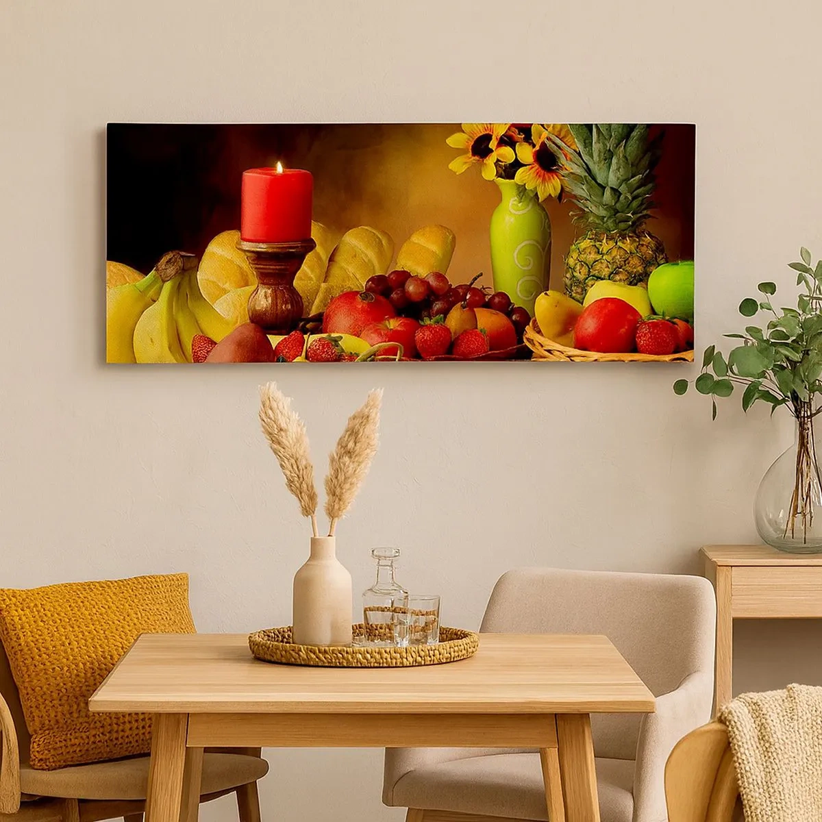 Canvastavla - Bild på duk - Stilleben med bröd och frukt - 100x40 cm