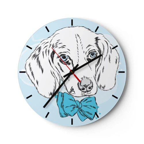 Väggklocka - Klocka på glas - Konstnärlig teckning av en hund med en blå fluga mot en ljus bakgrund - 30x30cm - Hundelegans - Modern väggdekoration för vardagsrum, kök och sovrum ARTTOR