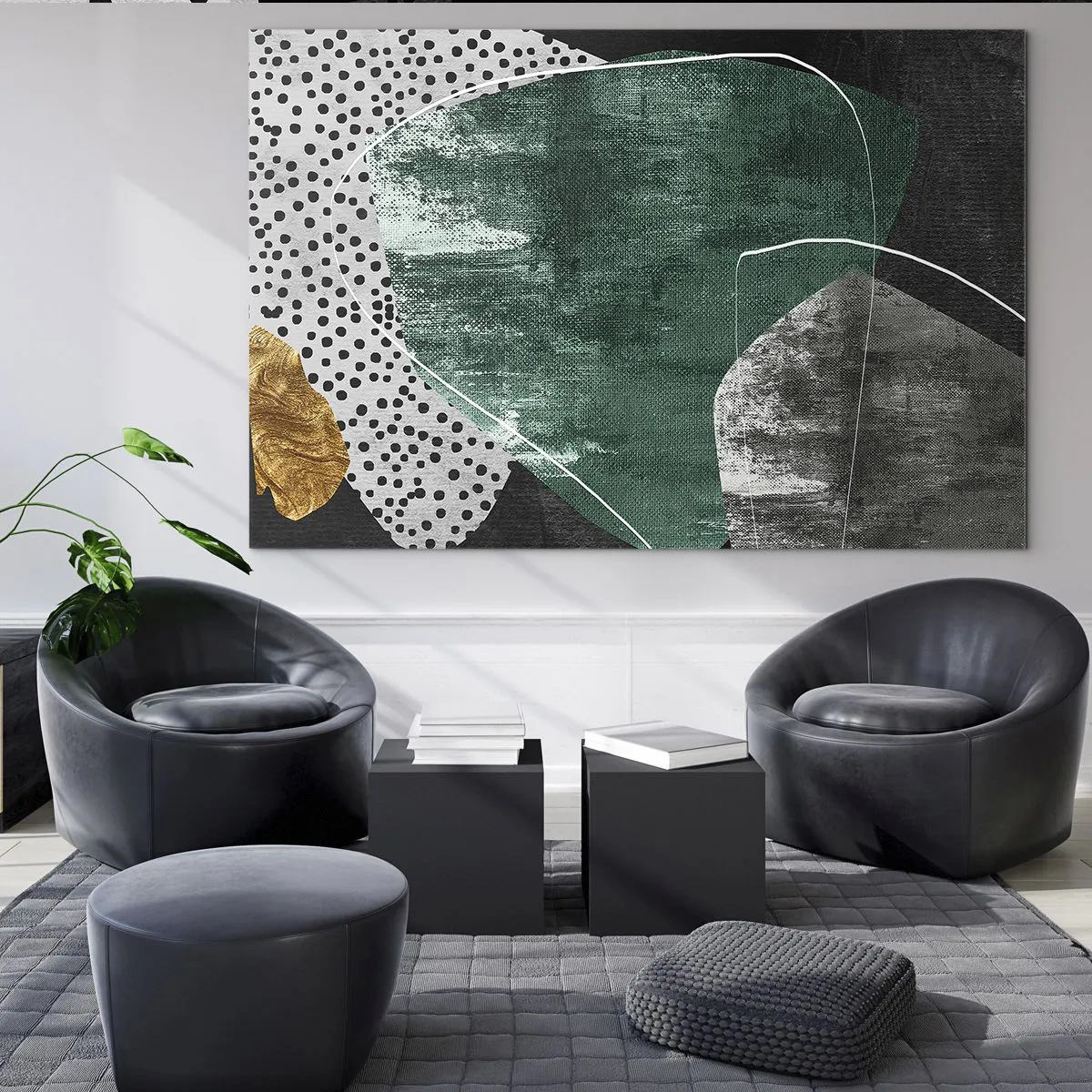 Glastavla - Bild på glas - Gröna former med svart bakgrund och guldfärgad accent - 70x50cm - Färgstark abstraktion med en guldflinga - Modern väggdekoration för vardagsrum och sovrum ARTTOR