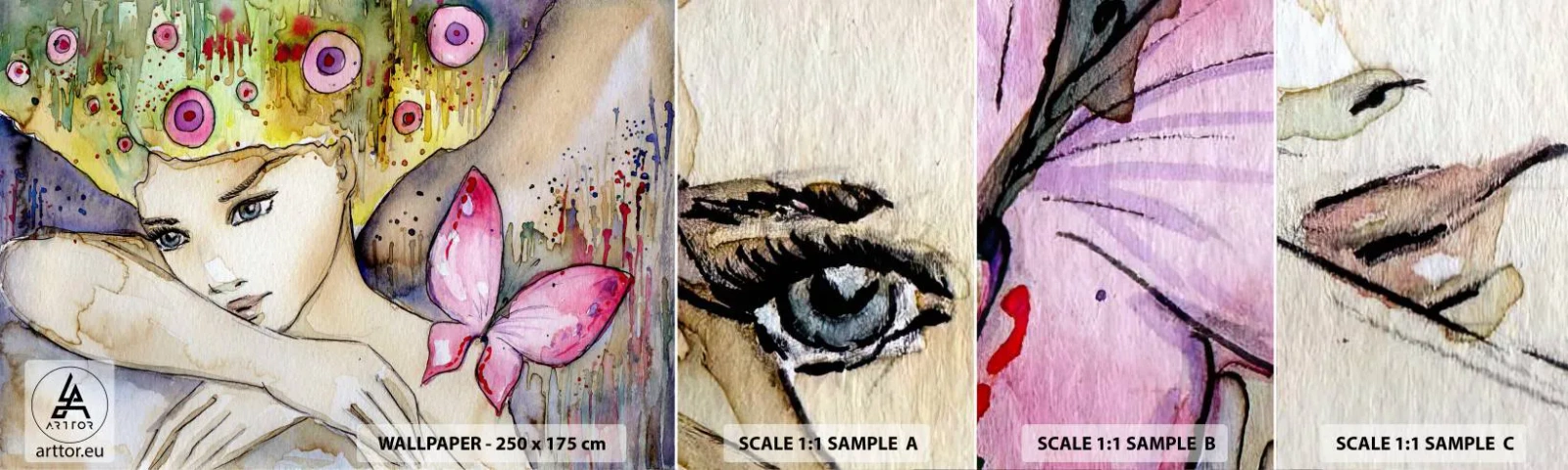 Provbit av självhäftande fototapet Deluxe Sticker - fjärilprincessa - Abstraktion, Kvinna, Vattenfärger - 100x30 cm