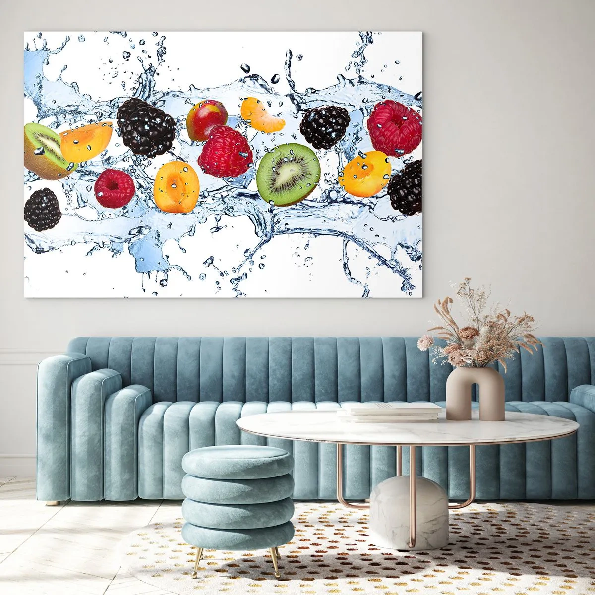 Glastavla - Bild på glas - Färgglada frukter i vatten på en vit bakgrund - 70x50cm - Lek med oss - Modern väggdekoration för vardagsrum och sovrum ARTTOR
