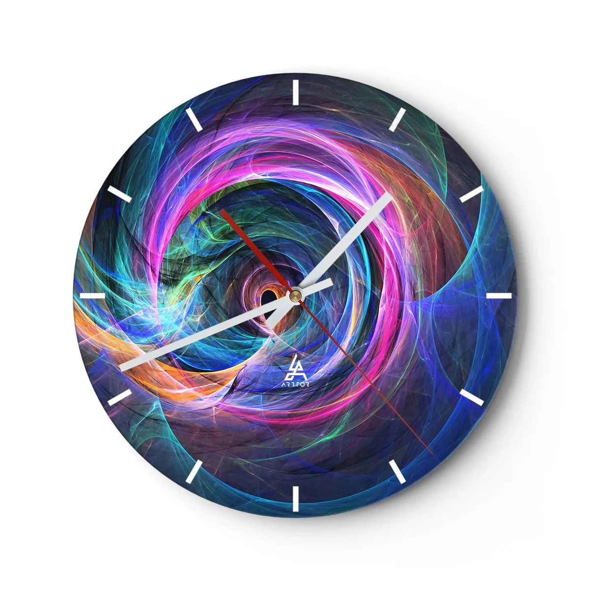 Väggklocka - Klocka på glas - En färgglad virvelabstraktion full av dynamisk energi - 30x30cm - Vart tar du mig? - Modern väggdekoration för vardagsrum, kök och sovrum ARTTOR