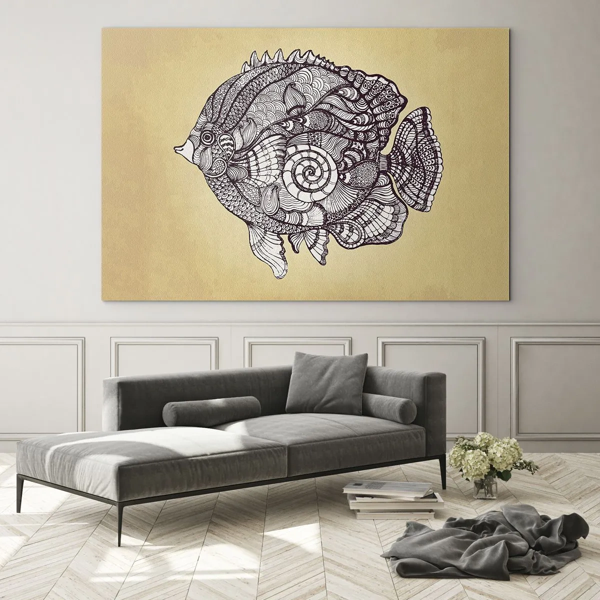 Glastavla - Bild på glas - En tecknad fisk med ornament på en beige bakgrund - 70x50cm - Från ett hav av ornament - Modern väggdekoration för vardagsrum och sovrum ARTTOR