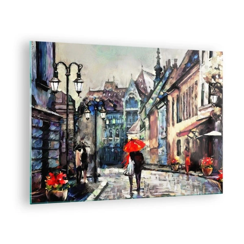 Glastavla - Bild på glas - Ett par under ett rött paraply som promenerar nerför en pittoresk gata - 70x50cm - Regn för två - Modern väggdekoration för vardagsrum och sovrum ARTTOR