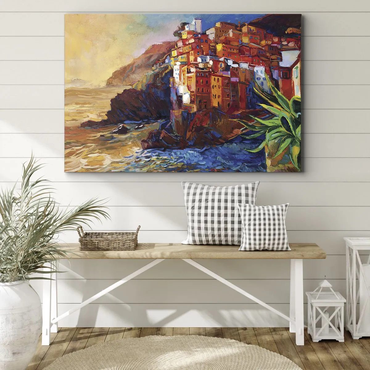 Canvastavla - Bild på duk - Färgglada hus på en klippa ovanför havet - 70x50cm - Italiensk stämning - Modern väggdekoration för vardagsrum och sovrum ARTTOR