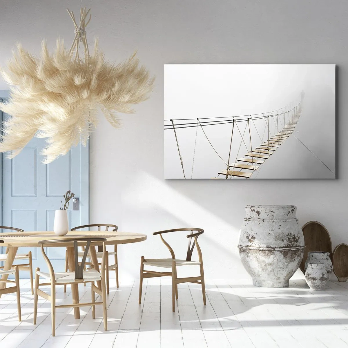 Canvastavla - Bild på duk - En hängbro i dimman ur ett minimalistiskt perspektiv - 70x50cm - Vart leder den dig? - Modern väggdekoration för vardagsrum och sovrum ARTTOR