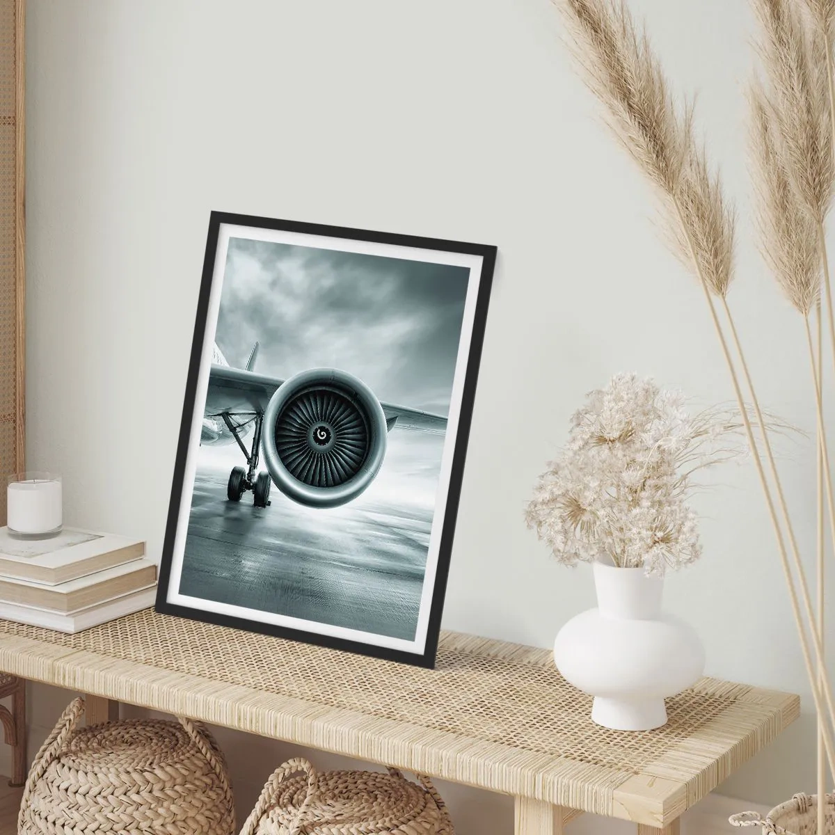 Affisch i svart ram - En flygplans jetmotor i monokroma toner - 50x70cm - Kraften finns! - Modern väggdekoration för vardagsrum och sovrum ARTTOR