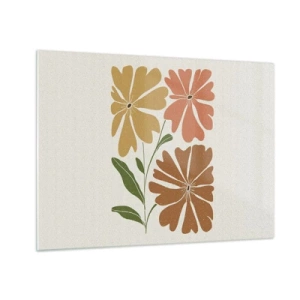 Glastavla - Bild på glas - Tre stiliserade blommor i varma färger mot en ljus bakgrund - 70x50cm - Natur och geometri - Modern väggdekoration för vardagsrum och sovrum ARTTOR
