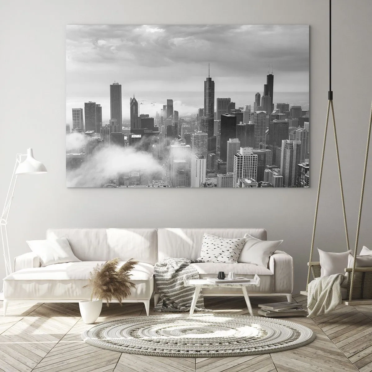 Glastavla - Bild på glas - Stadspanorama med skyskrapor i svartvitt - 70x50cm - Amerikanskt landskap - Modern väggdekoration för vardagsrum och sovrum ARTTOR