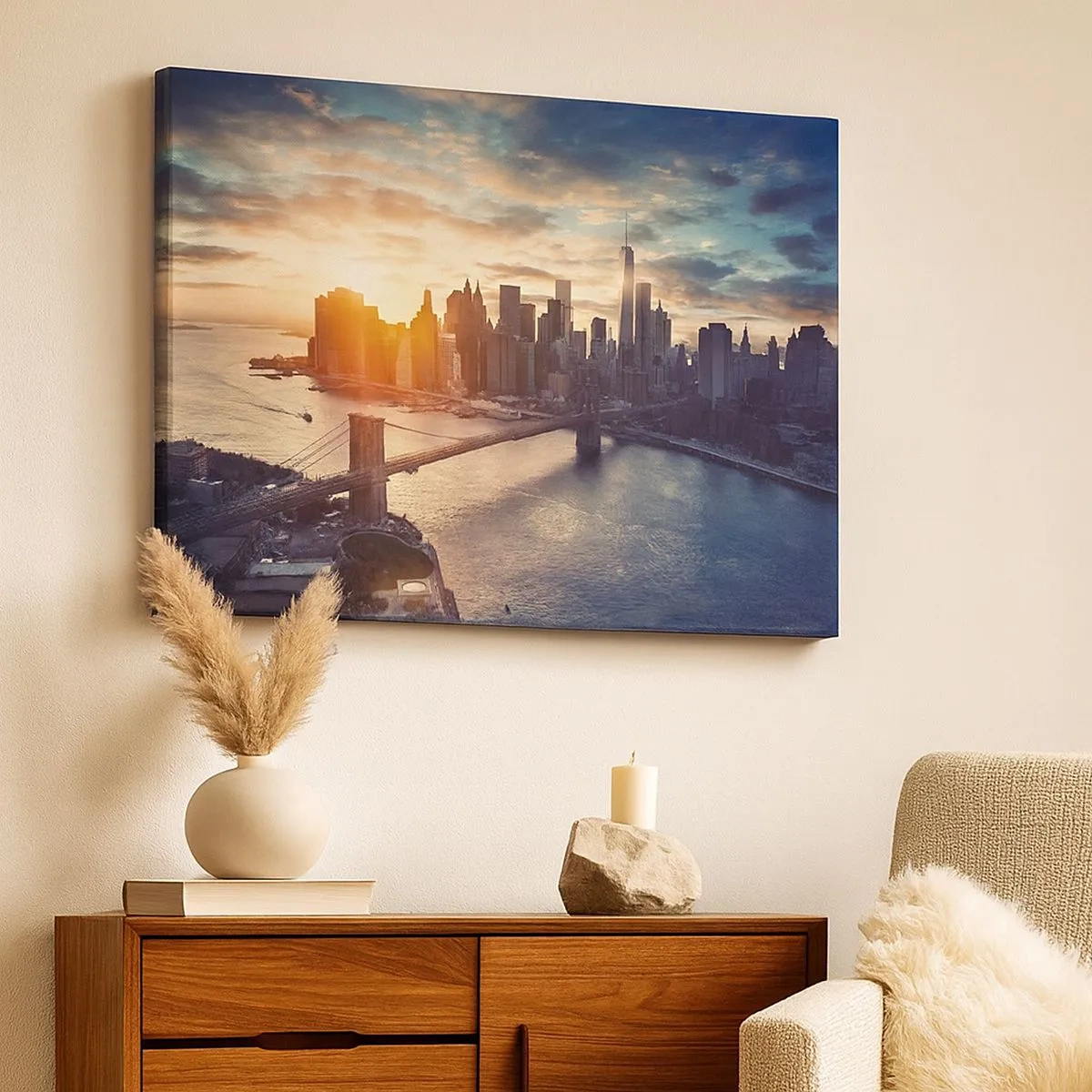 Canvastavla - Bild på duk - Panorama över staden med bron och floden i ljuset av den nedgående solen - 70x50cm - Västkulturens monument - Modern väggdekoration för vardagsrum och sovrum ARTTOR