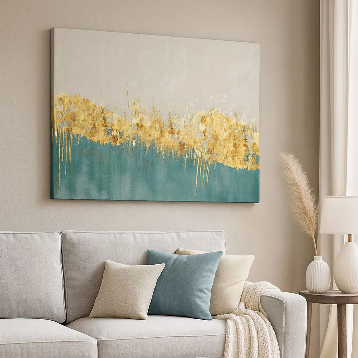 Canvastavla - Bild på duk - Guldfärgade accenter på en grönbeige bakgrund - 70x50cm - Den gyllene gränsen - Modern väggdekoration för vardagsrum och sovrum ARTTOR