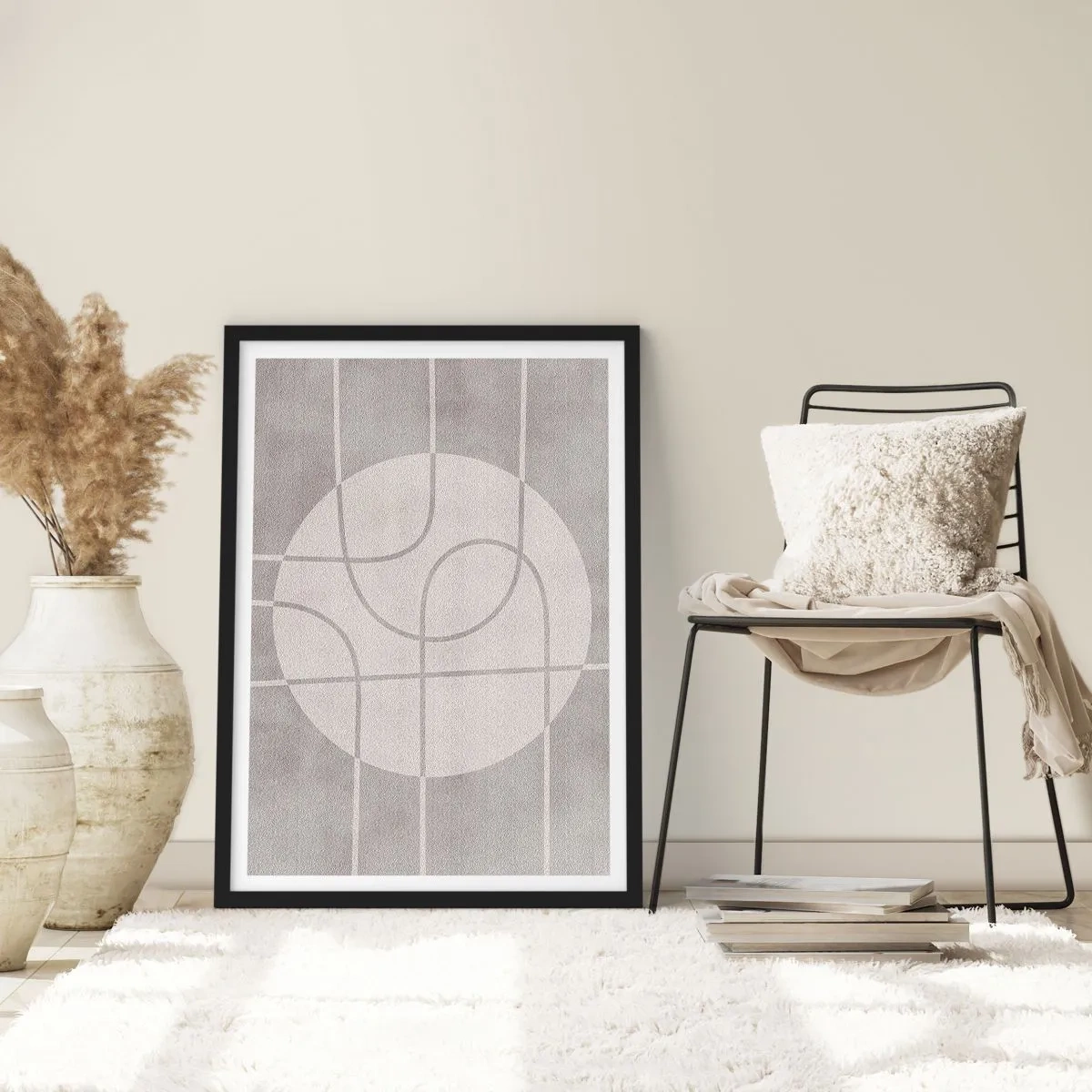 Affisch i svart ram - Geometriska linjer och en cirkel i grå nyanser - 50x70cm - Cirkulärt och rakt fram - Modern väggdekoration för vardagsrum och sovrum ARTTOR