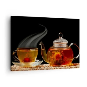 Canvastavla - Bild på duk - Glastekanna med blomte och en kopp - 70x50cm - Magin och konsten att brygga te - Modern väggdekoration för vardagsrum och sovrum ARTTOR