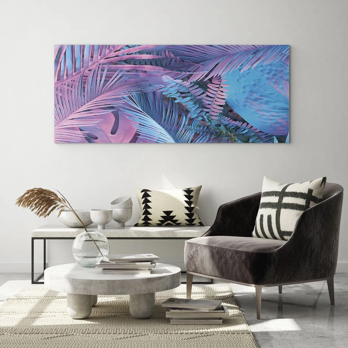 Glastavla - Bild på glas - Tropiken i rosa och blått - 100x40 cm