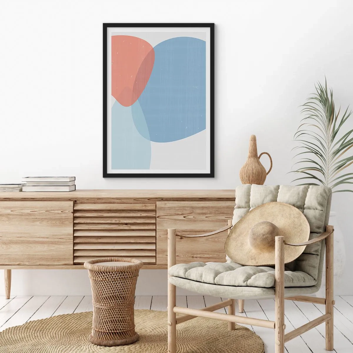 Affisch i svart ram - Abstrakta former i blått och beige - 50x70cm - Pastellfärgade relationer - Modern väggdekoration för vardagsrum och sovrum ARTTOR