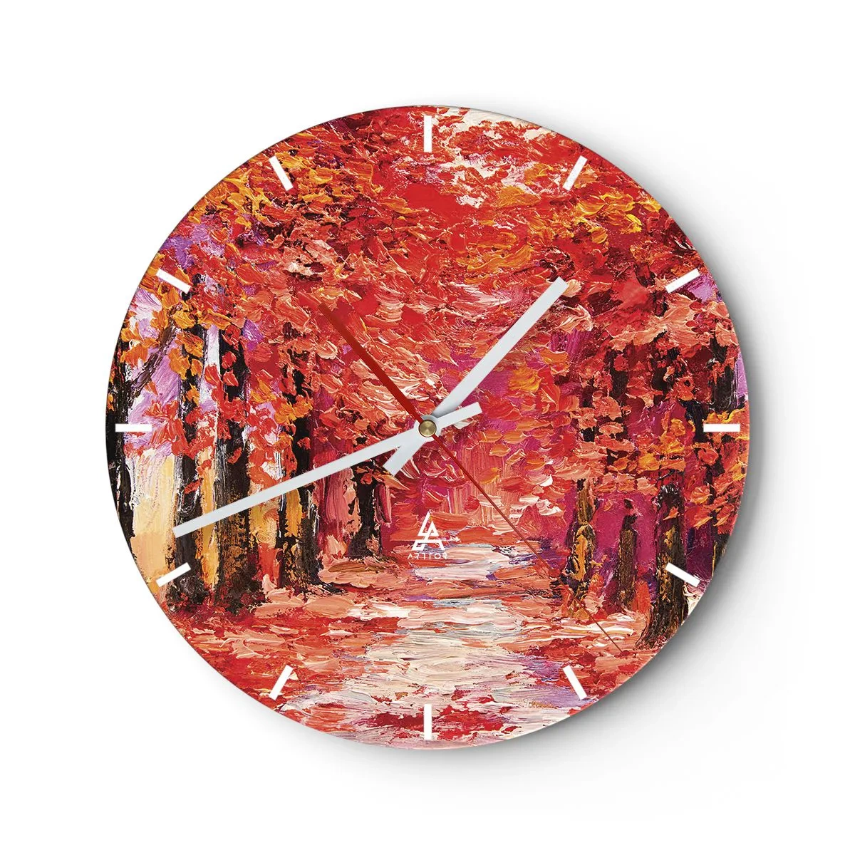 Väggklocka - Klocka på glas - En höstgränd i intensiva röda nyanser - 30x30cm - Höstimpresion - Modern väggdekoration för vardagsrum, kök och sovrum ARTTOR