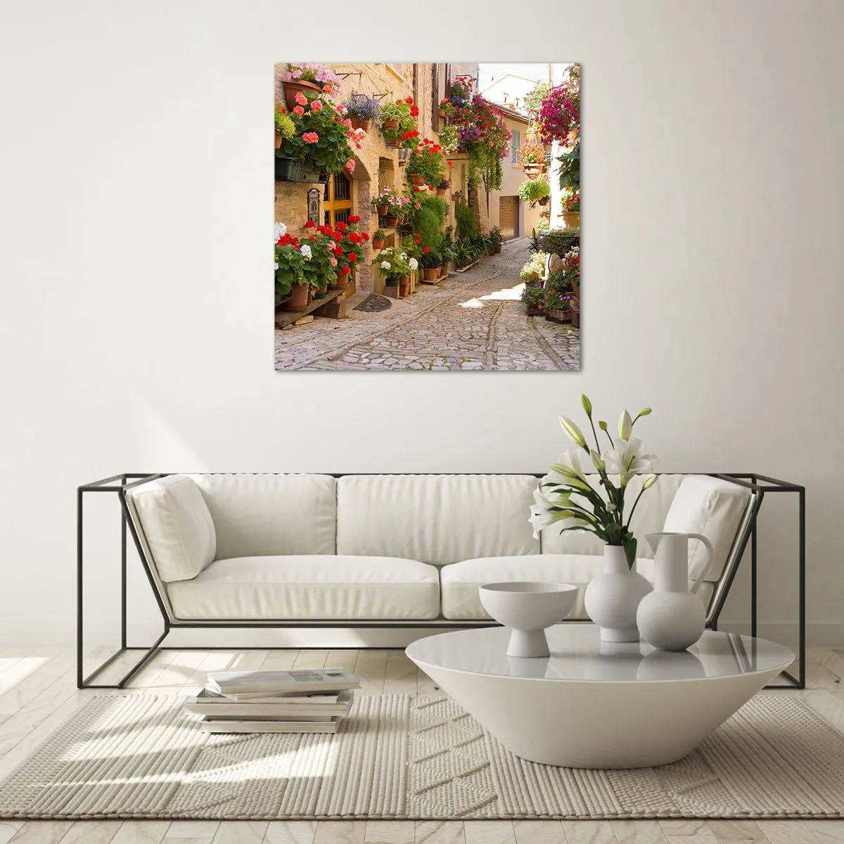 Glastavla - Bild på glas - I blommornas flod - 70x70 cm