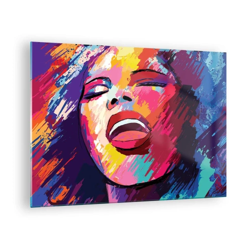 Glastavla - Bild på glas - Abstrakt porträtt av en kvinna i intensiva färger - 70x50cm - Sjunga ut hela livet - Modern väggdekoration för vardagsrum och sovrum ARTTOR