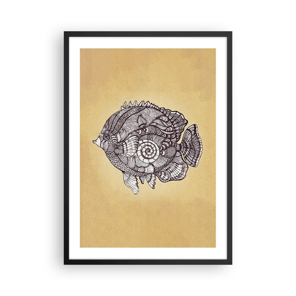 Affisch i svart ram - Konstnärlig fisk i mandalastil på beige bakgrund - 50x70cm - Från ett hav av ornament - Modern väggdekoration för vardagsrum och sovrum ARTTOR