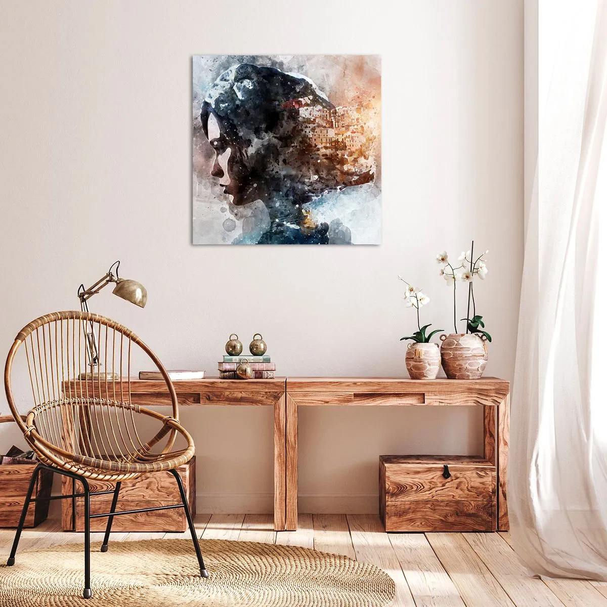 Canvastavla - Bild på duk - Berättelse om en tjej med en stad i bakgrunden - 70x70 cm