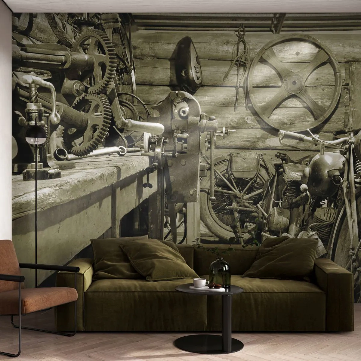 Fototapet Premium Canvas - I onkel Lasses skjul - Motorcykel, Bilverkstad, Årgång - 150x105 cm