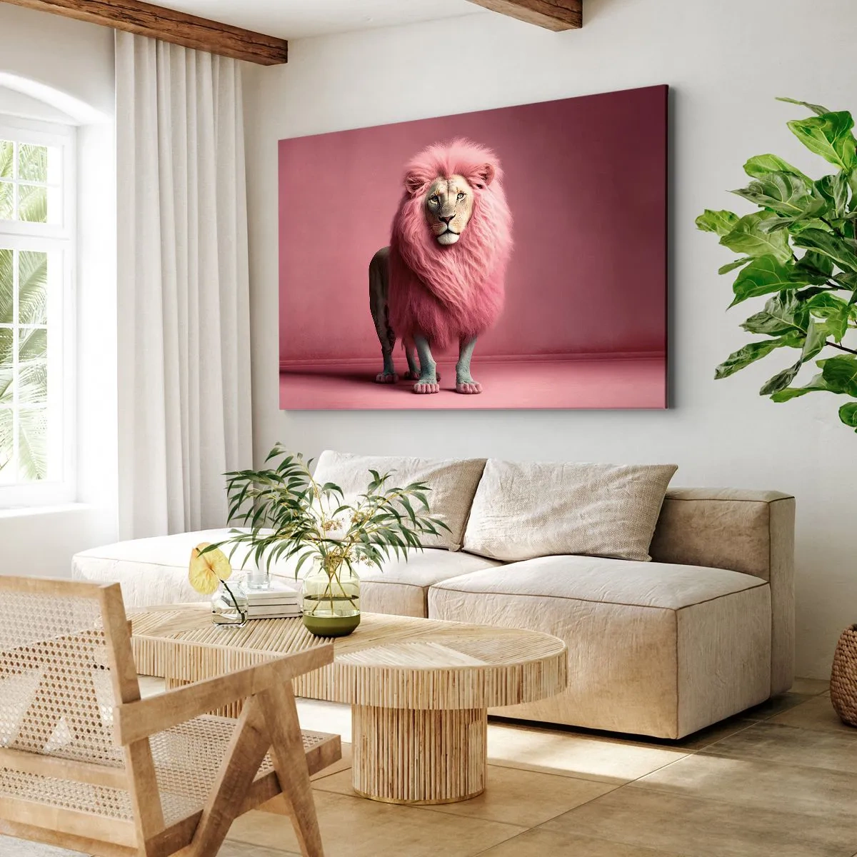 Canvastavla - Bild på duk - Ett konstnärligt återgivet lejon med rosa man på rosa bakgrund - 70x50cm - Och du är inte längre rädd - Modern väggdekoration för vardagsrum och sovrum ARTTOR